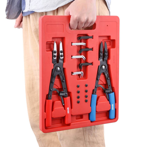 Hand carrying Beefed-Up Heavy Duty 2 Piece 10 Inch Multi Angle Internal And External Circlip Pliers Set with accessories in red case.