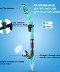 Diagram of dry snorkel set with professional water and air separation design, featuring a dry top system and snorkel clip to mask.