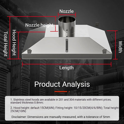 Top Shelf Stainless Steel Fume Hood Smoke Collector Designed For Welding Shop Dust Extraction With Rock Solid Heat Resistance and dimensions shown.