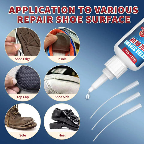 Heavy Duty Shoe Glue For Soles And Shoes Quick Dry Instant Adhesive With Anti Clog Cap shown repairing various shoe parts