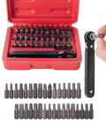 Top Shelf Mini Ratchet Set, 34 Piece Cr-V Steel Kit With Security Bits And Right Angle Screwdriver Adapter, 1/4 Inch Drive showing red box and tools.