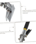 Close-up of Metal Bender Hand Seamer Tool With Straight Jaw Pliers showing clamping depth markings and anti-slip wires for roofing projects.