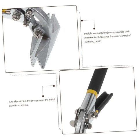 Close-up of Metal Bender Hand Seamer Tool With Straight Jaw Pliers showing clamping depth markings and anti-slip wires for roofing projects.
