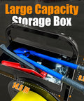 Heavy Duty Strapping Cart And Dispenser For Polypropylene Coils With Integrated Tool And Seal Tray Fits 8x8 To 10x10 Inches showing large capacity tray with tools.