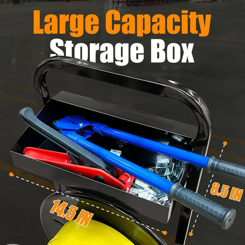 Heavy Duty Strapping Cart And Dispenser For Polypropylene Coils With Integrated Tool And Seal Tray Fits 8x8 To 10x10 Inches showing large capacity tray with tools.
