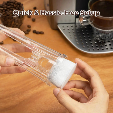 Person holding tall handle water filter replacement starter kit for Keurig 2.0 with three charcoal filter cartridges.