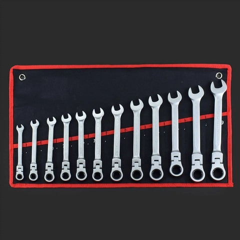 12 Piece Ratchet Spanner Set 8 To Nineteen Millimeters Flexible Wrench Kit For Auto Repair Durable Matte Finish Hand Tools Displayed