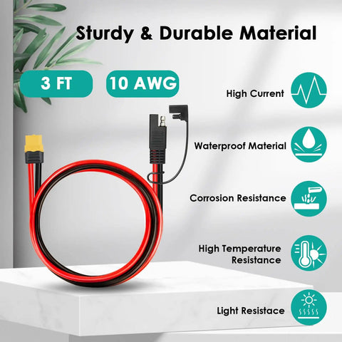 10 AWG SAE To XT60 Extension Cable 3Ft With SAE Female To XT60 Connector And Polarity Reverse Adapter displayed on table