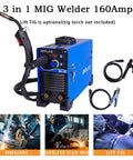 3 In 1 Gasless MIG Welder With Flux Core, Lift TIG And Stick Welding, Dual Voltage 110V 220V, 160A Output, Portable