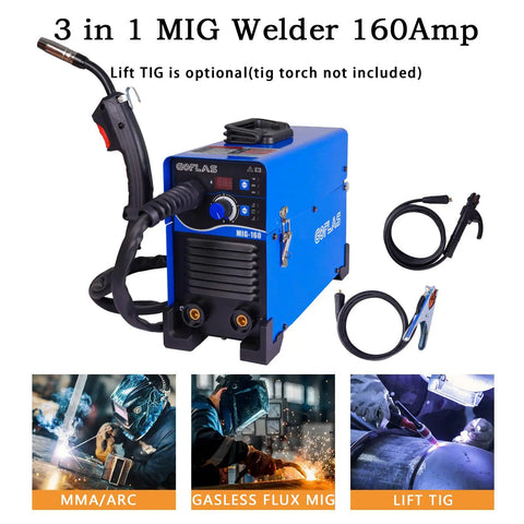 3 In 1 Gasless MIG Welder With Flux Core, Lift TIG And Stick Welding, Dual Voltage 110V 220V, 160A Output, Portable