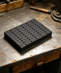 Heavy Duty Foam Router Bit Storage Organizer Tray Featuring 110 Snug Cutouts For 1/4 Inch And 1/2 Inch Shank Bits on workbench