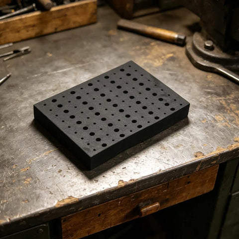 Heavy Duty Foam Router Bit Storage Organizer Tray Featuring 110 Snug Cutouts For 1/4 Inch And 1/2 Inch Shank Bits on workbench