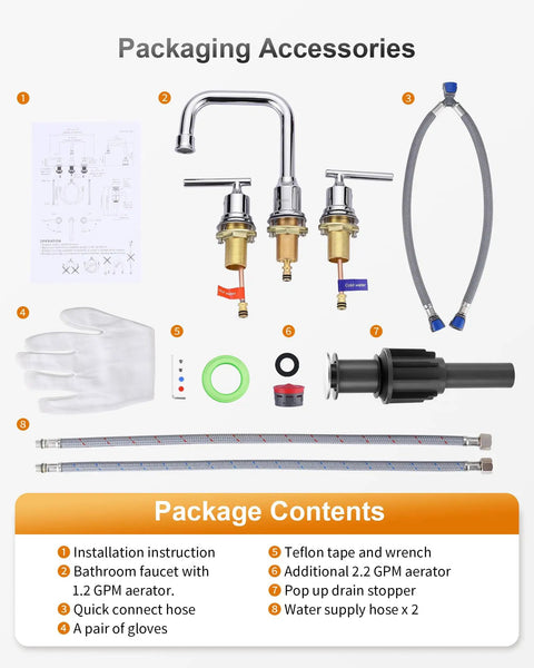 Packaging accessories for Chrome Widespread Bathroom Faucet 8 Inch Centers 3 Piece Vanity Set With Adjustable 360 Degree Swivel Spout