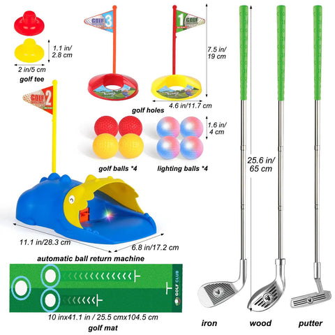 Dinosaur Themed Kids Golf Set For Ages 3 To 6 With Automatic Ball Returner Light Up Balls Indoor Outdoor Putting Mat Toddler Golf Clubs