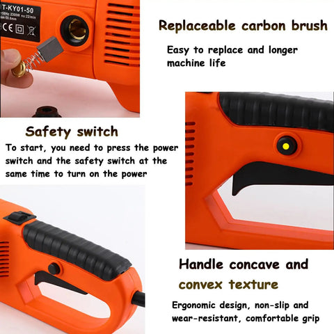 Powerful 2300W Electric Pipe Threader Kit For Plumbing Pros close-up showing replaceable carbon brush and safety switch features.