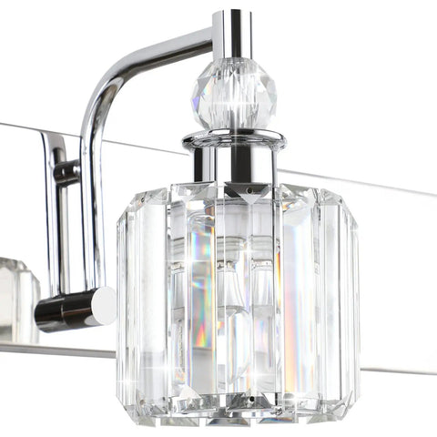 Close-up of Crystal Vanity Lights Two Light Modern Chrome Sleek Bathroom Vanity Fixture with crystal accent and chrome finish
