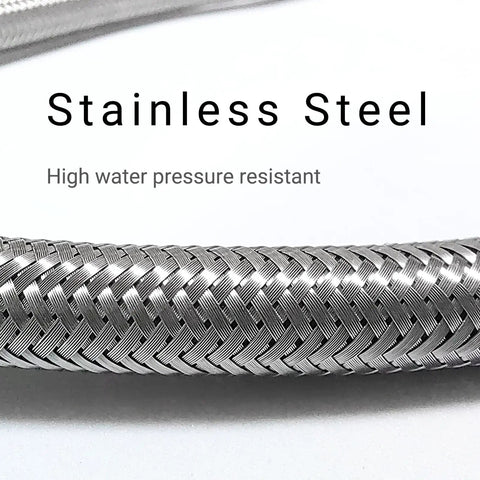 Close-up of stainless steel braided 12 Inch Quick Connect Faucet Water Supply Lines for Widespread Bathroom Sinks Easy Install Fast Lock Hose Kit