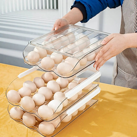 Clear Plastic Egg Holder For Refrigerator With Auto Rolling Design, Stackable 3 Drawer Egg Storage Box, 54 Egg Capacity