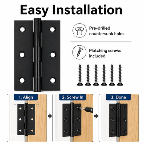 2.5 Inch Matte Black Door Hinges 6 Pack With Solid Steel Build, Square Corner, Built To Last Butt Hinge Hardware And Matching Screws