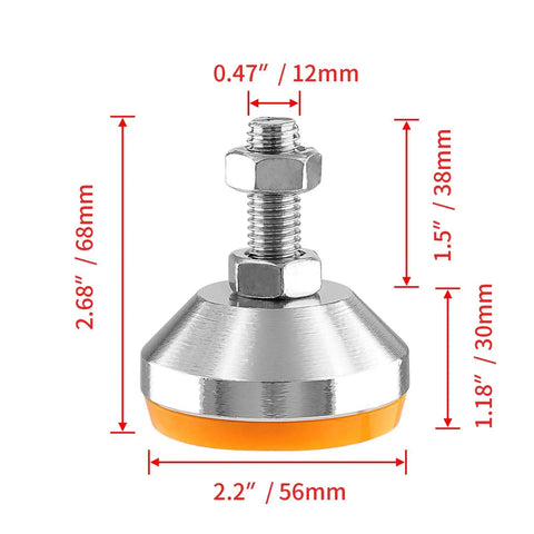 4 Pack M12 Adjustable Leg Levelers Feet For Heavy Duty Furniture, Workbenches And Machines, Self Leveling, No Slip, 625 Lb Per Leg, 68mm Tall, 56mm Base, Carbon Steel, Orange