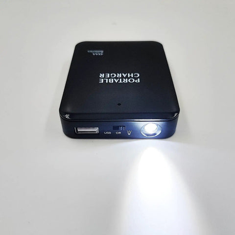 Battery Operated Phone Charger With LED Light And USB Output Emergency Power Bank Powered By 4 AA Batteries Portable 2 Pack Black Handy Backup Charger For Smartphones And Small Devices, showing LED light and USB port.