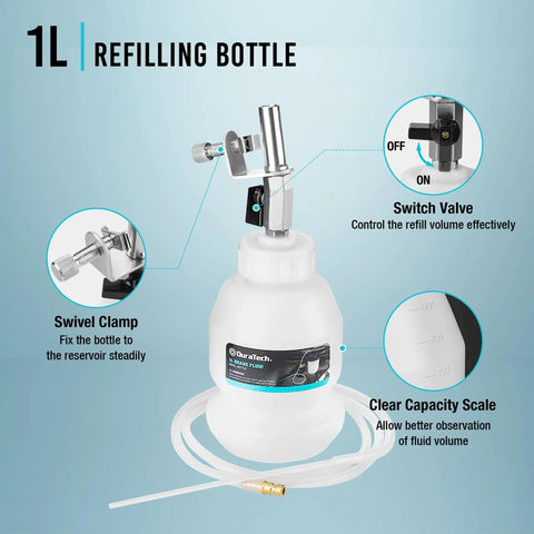 1L refilling bottle with switch valve and swivel clamp from 3L Pneumatic Brake Bleeder Vacuum Pump Kit For One Person Operation.