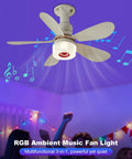 3 in 1 LED Smart Ceiling Fan Light with BT Speaker Remote (40W White) featuring RGB lights and music notes in a vibrant setting.