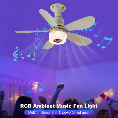 3 in 1 LED Smart Ceiling Fan Light with BT Speaker Remote (40W White) featuring RGB lights and music notes in a vibrant setting.