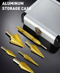 Titanium Coated Step Drill Bit Set Five Piece With Automatic Center Punch and aluminum case, visible step drill bits