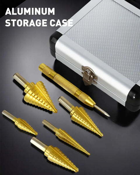 Titanium Coated Step Drill Bit Set Five Piece With Automatic Center Punch and aluminum case, visible step drill bits