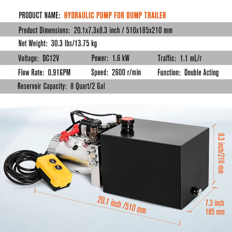 12V Dump Trailer Hydraulic Pump Kit With Eight Quart Power Unit Double Acting Electric Hydraulic Pump with extra connectors