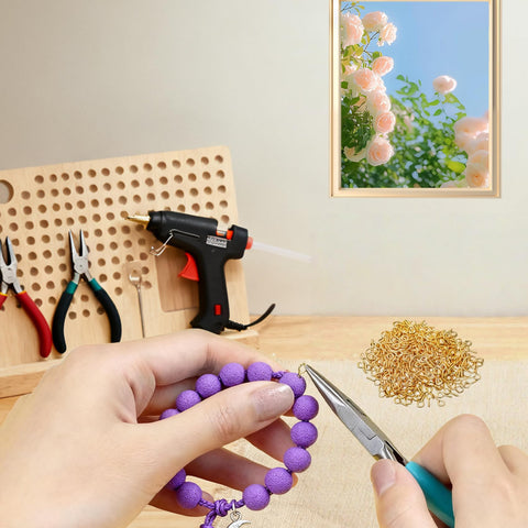 DIY jewelry crafting with 800Pcs Screw Eye Pins Kit For Jewelry Making And DIY Crafts, pliers and beads, purple bracelet assembly