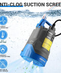 Submersible Water Pump 1/3 HP 2450 GPH Portable Electric Transfer Pump For Pool Basement Flood Garden Pond Draining Thermoplastic Clean Water Pro Grade Heavy Duty Model For Easy Drainage And Flood Cleanup with anti-clog suction screen.