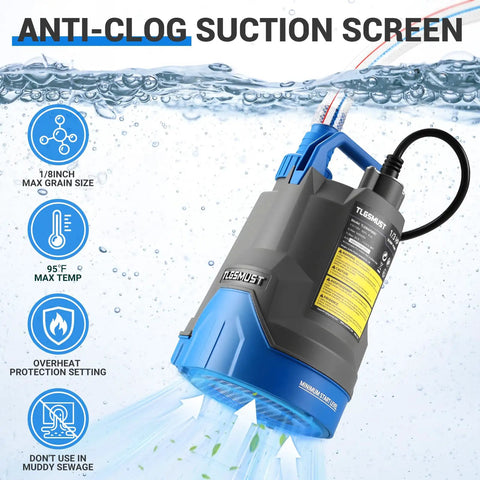 Submersible Water Pump 1/3 HP 2450 GPH Portable Electric Transfer Pump For Pool Basement Flood Garden Pond Draining Thermoplastic Clean Water Pro Grade Heavy Duty Model For Easy Drainage And Flood Cleanup with anti-clog suction screen.