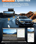 4K Front And Rear Dash Cam With Built-In 5G WiFi GPS, 64GB Included showing GPS route and speed tracking on laptop and phone