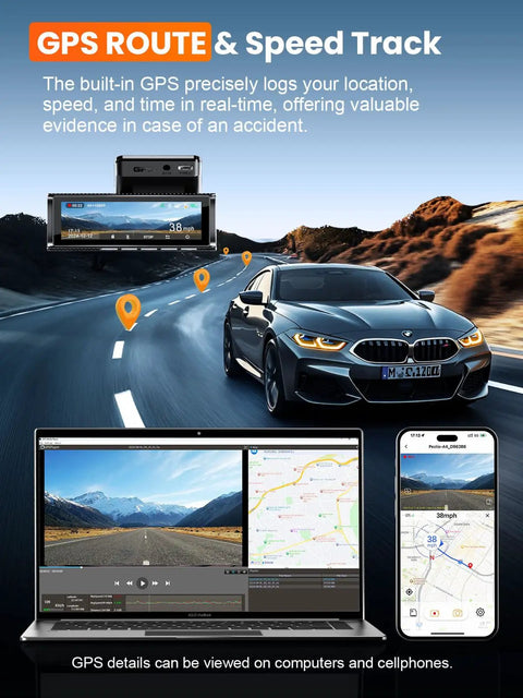 4K Front And Rear Dash Cam With Built-In 5G WiFi GPS, 64GB Included showing GPS route and speed tracking on laptop and phone