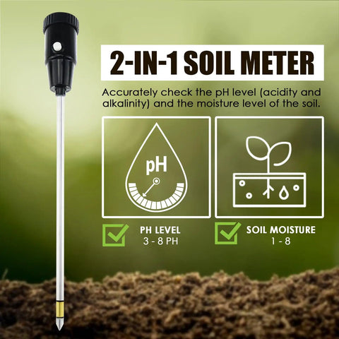 2-In-1 Digital Soil pH And Moisture Meter With A 295mm Long Electrode, diagram of pH and moisture levels, on soil background