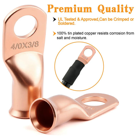 Ultimate Battery Terminal Kit With 240 Pcs Copper Ring Lugs And Crimp Connectors For AWG 8 To 4/0 Gauge, bolt hole diameter 3/8 inch