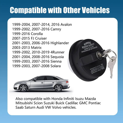 Locking Fuel Tank Cap With Key For Cars, Anti Theft ABS Gas Cap, Universal Fit, shown with compatible vehicles list