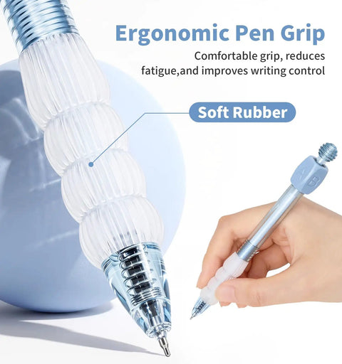 Nine Pack Gel Pens With 0.5mm Black Ink Fidget Cube Pen ergonomic grip displayed with soft rubber detail