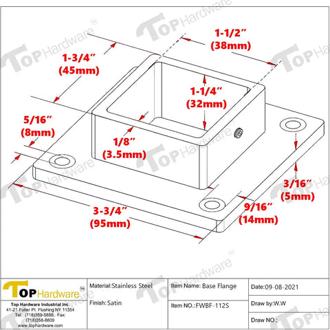 Technical drawing of Base Flange For 1-1/2 Inch Square Posts Floor Or Wall Mount Satin Finish 316 Grade Stainless