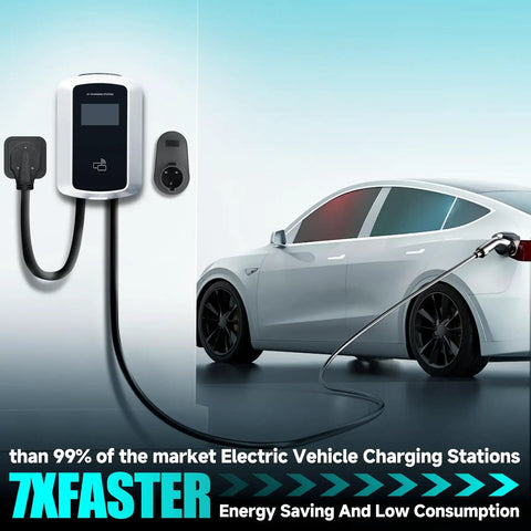 Level 2 EV Charger 48 Amp Smart Display WiFi Enabled J1772 Connector Nema 14-50 Plug 16 Ft Cable attached to vehicle.