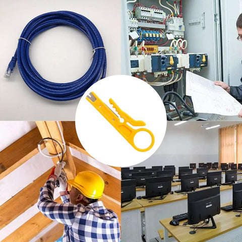 Six Piece Mini Wire Stripper Set With Mini Punch Down Tool And Network Cable Cutter shown with cable and network setup scenes