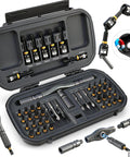 46 In 1 Magnetic Pro Grade Ratchet Screwdriver Set with detachable handle and storage case showing bits and nut drivers
