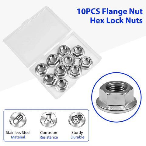 Heavy Duty M12 x 1.25mm Serrated Flange Nut Set in 304 SS, 10-pack, hex lock nuts with storage box, corrosion resistant, durable