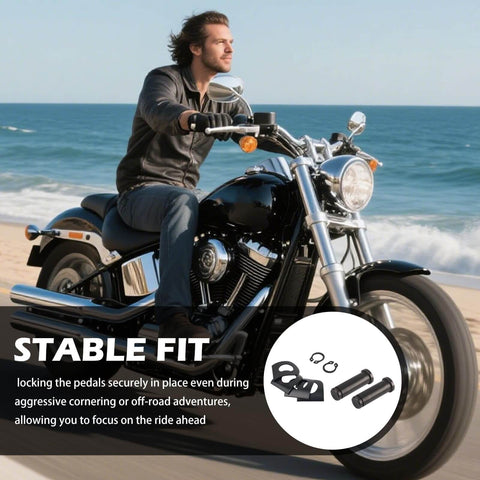 8Pcs Motorcycle Foot Pegs Mounting Kit With Clevis Pin For Rider And Passenger, shown with Harley Davidson motorcycle on beach.