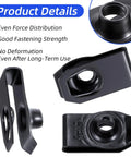 25 Pack Black U Bolt Snap Nuts M6 Metric And Quarter Inch 20 Thread Universal Auto Fender Grill Bumper Panel Hardware Fasteners, detailed view showing clips.