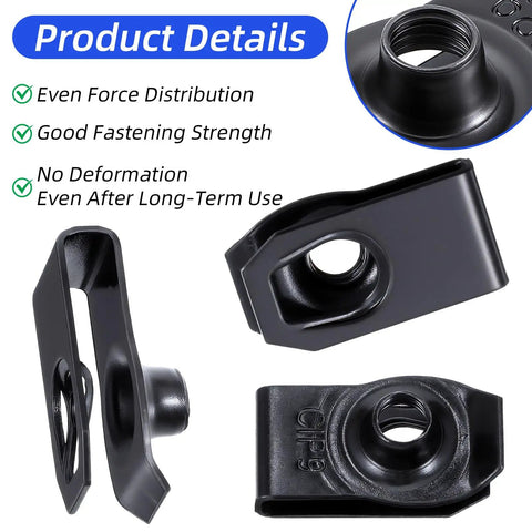 25 Pack Black U Bolt Snap Nuts M6 Metric And Quarter Inch 20 Thread Universal Auto Fender Grill Bumper Panel Hardware Fasteners, detailed view showing clips.