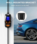 Portable Level 1 And Level 2 EV Charger With 25 Ft Cable J1772 16 Amp Dual Voltage mounted on wall beside car