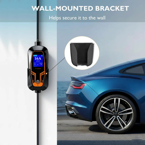 Portable Level 1 And Level 2 EV Charger With 25 Ft Cable J1772 16 Amp Dual Voltage mounted on wall beside car